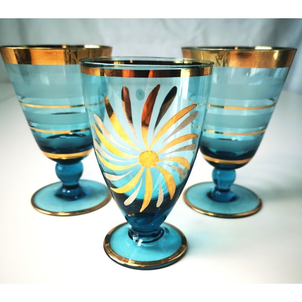 Turquoise Glassware with Gold Accents - Elegant Collectible Set of 3 Vintage